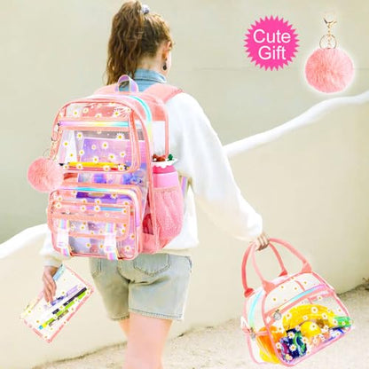 KLFVB Clear Backpack Heavy Duty, 3PCS Girls See Through School Bag Set, Cute Transparent Bookbag for Women - Chrysanthemum Pink - color: Chrysanthemum Pink Clear Backpack