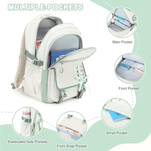 Scothen 3PCS Girls Backpack for School, Kids Backpack for Girls with Lunch Bag Pencil Case, Kids Bookbag Teen Backpacks for Elementary Middle High School - color: White-green