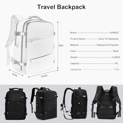HOMIEE 50L Travel Backpack Large Suitcase Water Resistant Luggage Daypack Carry on Backpack for Men Women Fits 17.3 Inch Laptop, Black - color: Black, size: 3X-Large