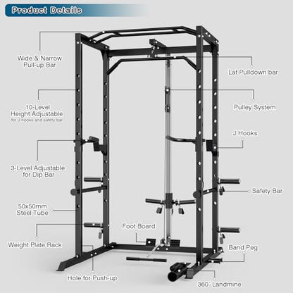 ULTRA FUEGO Power Cage, Multi-Functional Power Rack with J-Hooks, Dip Handles, Landmine Attachment and Optional Cable Pulley System for Home Gym - size: Power Cage Black With Pulley System and Flat Bench