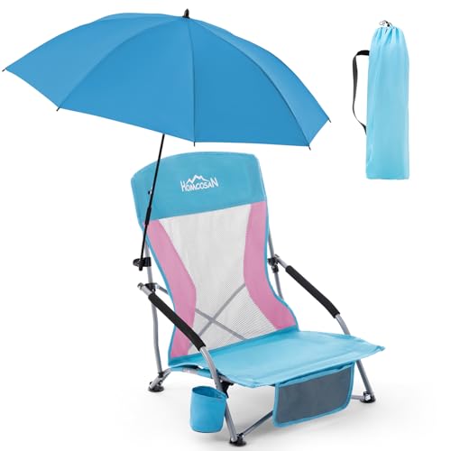 Homcosan Portable Low Folding Beach Chair with Detachable Umbrella - Lightweight Camping Chair for Adults with Cup Holder & Storage Pocket, Carry Bag Included (Blue & Pink) - color: Blue & Pink, size: 1 Pack, style: chair with umbrella