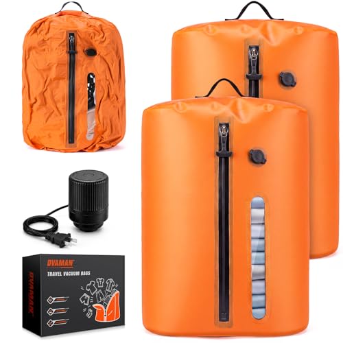 Vacuum Travel Bags With 5500Pa Wired Pump, Vacuum Luggage Bags for Clothes, Compression Bags for Travel, IP68 Waterproof Space Saver Packing Cubes for Suitcase, Backpack & Home Storage (2 Pack + Pump) - color: Orange 2PC + Pump