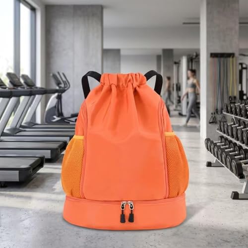 Drawstring Gym Backpack Multipocket Sports Sack with Mesh Pockets | Adjustable Strap Double Zipper Design, Large Capacity Lightweight for Gym Swim Travel Camping Outdoor - color: Orange2