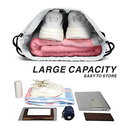 Drawstring Backpack Sports Water Resistant String Bag Sport Gym Sackpack for Women Men Large with Zipper, White - color: White