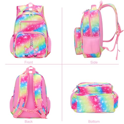 RHCPFOVR Kids Backpack for Girls - Girls Backpack 3-8 Ages Unicorn for Kids 15 Inch School Bookbag for Kindergarten Elementary School Bookbag for Girl 1st 2nd Grade - style: Rainbow Unicorn Flower