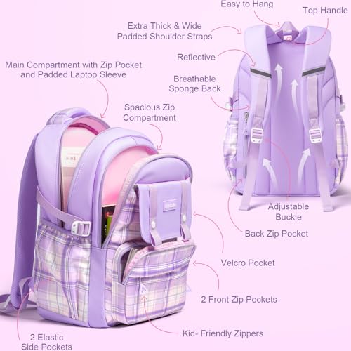 Fimibuke School Backpack for Girls, 3 PCS Waterproof Teen Girls Backpack with Lunch Box, Pencil Pouch Set, Cute Kids Bookbag School Bag for Elementary Middle High School Student Age 6+(Black & Purple) - color: A4.purple & Black