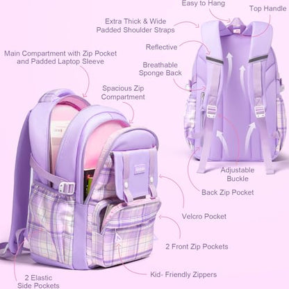 Fimibuke School Backpack for Girls, 3 PCS Waterproof Teen Girls Backpack with Lunch Box, Pencil Pouch Set, Cute Kids Bookbag School Bag for Elementary Middle High School Student Age 6+(Black & Purple) - color: A4.purple & Black