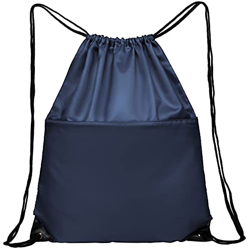 Drawstring Backpack Sports Water Resistant String Bag Sport Gym Sackpack for Women Men Large with Zipper, Navy - color: Navy