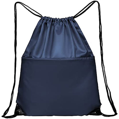 Drawstring Backpack Sports Water Resistant String Bag Sport Gym Sackpack for Women Men Large with Zipper, Navy - color: Navy