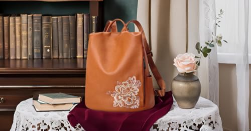 BOYATU Genuine Leather Backpack for Women: Elegant Floral Designer Purse - Small Shoulder Bag for Travel (Brown) - color: Z-brown