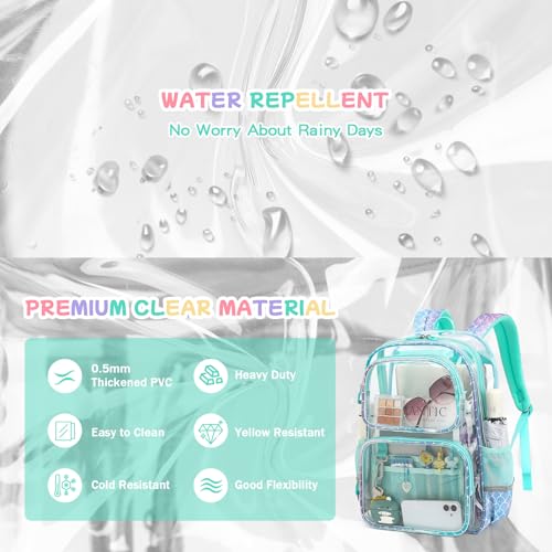 Sisipoet Clear Backpack for Girls, Heavy Duty PVC Transparent Bookbag for School, Funny Kids Backpacks with Mermaid Print, Blue - color: Mermaid
