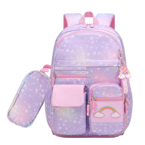School Backpack for Girls Rainbow Backpack Cute Backpack for Back to School Laptop Travel Bag With pencil Case for Travel Camping Hiking (Purple Set) - color: Purple Set