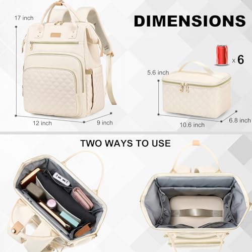 AIJIEKE Lunch Backpack for Women, 15.6 Inch Laptop Backpack with Detachable Insulated Cooler Lunch Box, 2-in-1 Water Resistant Work Computer Bag for Nurse Teacher College Commute, Beige - color: Beige