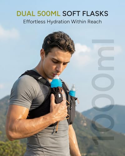 Sahara Sailor Running Vest for Women Men, 2PCS 500ml Soft Flasks, Adjustable Chest Waist Fit, Multi-Pockets, Lightweight Breathable Reflective Hydration Backpack for Running, Trail, Cycling, Hiking - size: M (32–42 in)