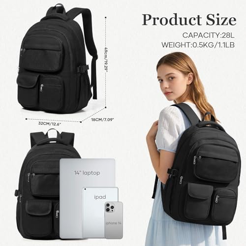 Black Backpack for School Teens Boys Girls, Large Capacity School bag for Men Women, Cute Bookbag for Students, Lightweight College backpack with lots of pockets - color: Black