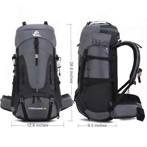 Bseash 60L Hiking Camping Backpack with Rain Cover, Waterproof Large Capacity Outdoor Sport Travel Daypack Climbing Touring (Gray) - color: Gray