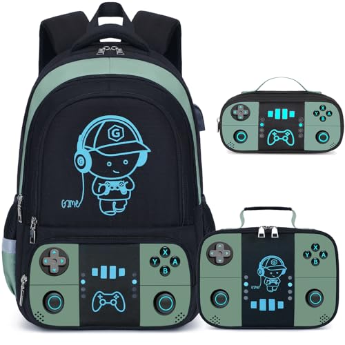 Bevalsa Backpack for School Boys, Cool Luminous Gamer Boys Schoolbag with Lunch Box & Pencil Case Set for Kids Teens Elementary Middle School, Bookbag Glow In The Dark(Green Backpack) - color: Green, style: Backpack
