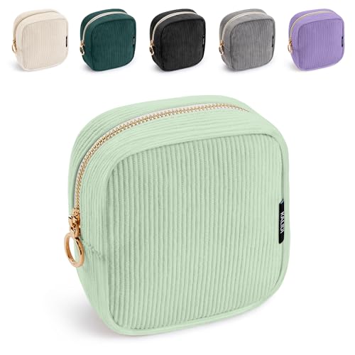 WLLWOO Small Makeup Bag for Purse Corduroy Mini Cosmetic Pouch Ring Zipper Portable Travel Toiletry Organizer for Women Pencil Case Coin - color: Small-Mint Green-1pcs