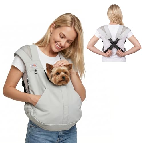 Dog Sling Carriers for Small Dogs, Hands Free Front Pet Carrier with Bottom Support, Adjustable Shoulder Straps, Breathable Dog Backpack Carrier for Travel Hiking Walking Anti Anxiety, Grey