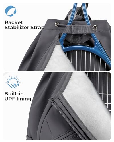 Drawstring Tennis Backpack, Puffer Tennis Racket Bag with Shoe Compartment & Wet Pocket Gym Bag for Women, Suitable for Pickleball Tennis Badminton - color: Grey