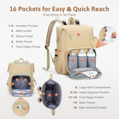 Lekesky Large Diaper Backpack with 16 Pockets, 1.52Lb Lightweight Durable Baby Bag, with Foldable Changing Pad & Pacifier Case, Anti-theft Pocket, Wipes Pocket, Easy to Clean, Khaki - color: Khaki