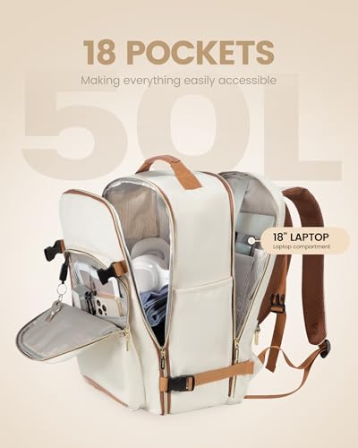 LOVEVOOK 50L Travel Backpack for Women Men,Waterproof Airline Approved Carry On Luggage Travel Essentials,TSA Carry On Backpack Personal Item Travel Bag Suitcase Weekender Traveling with Packing Cubes - color: Beige-brown, size: X-Large-50L-4Pcs