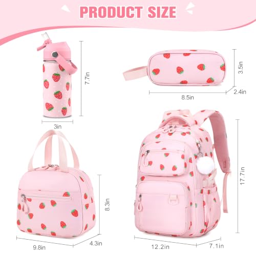 Bevalsa Backpack for Girls, School Bookbag Teen Girls Backpack Set with 14oz Insulated Water Bottle Stainless Steel, Lunch Bag & Pencial Case for Kids Elementary Middle Student (Pink Strawberry) - color: Pink Strawberry