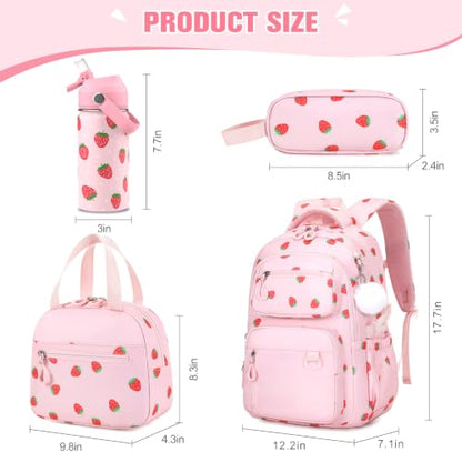 Bevalsa Backpack for Girls, School Bookbag Teen Girls Backpack Set with 14oz Insulated Water Bottle Stainless Steel, Lunch Bag & Pencial Case for Kids Elementary Middle Student (Pink Strawberry) - color: Pink Strawberry