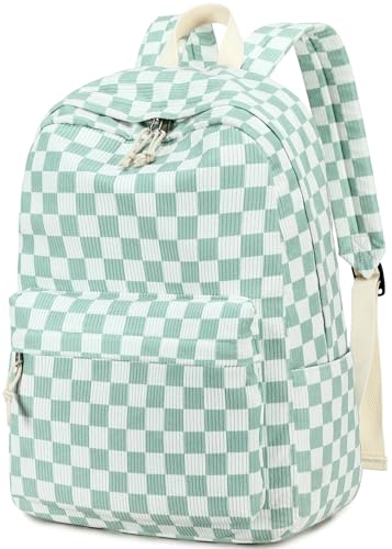 BTOOP School Backpack for Teens Large Corduroy Bookbag Lightweight 15.6 inch Laptop Bag for Girls Women Casual High School College - color: Green-white Checkered
