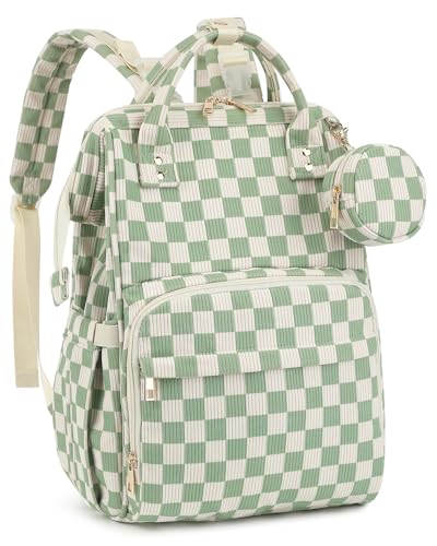 Corduroy Diaper Bag Backpack, Large Capacity Multifunction Baby Diaper Bags for Women, Insulated Bottle Pockets & Pacifier Case, Stylish Travel Nappy Changing Bags for Mom Dad (Checkered Green) - color: Corduroy Checkered Green