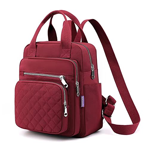 Small Backpack for Women Casual Quilted Square Bag Waterproof Multi Pockets Daypack Lightweight Top Handle Satchel - color: Burgundy
