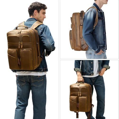 TIDING 17.3 Inch Full Grain Leather Laptop Backpack for Men Multi Pockets Casual Daypack Travel Rucksack - color: Brown