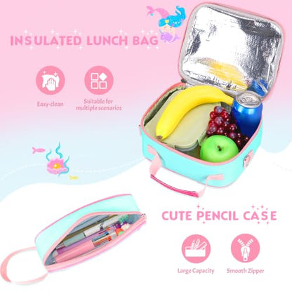 Kids Backpack for Girls 5-8, 4PCS Toddler Backpack with 13oz Kids Insulated Water Bottle, Lunch Box and Pencil Case, Girls Bookbag Schoolbag for Primary Kindergarten Elementary School - color: Green Mermaid
