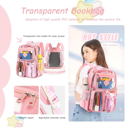 Clear Backpack for Girls Large Heavy Duty Transparent Bookbag for Middle School Kids Travel Daypacks - color: Pink Rainbow