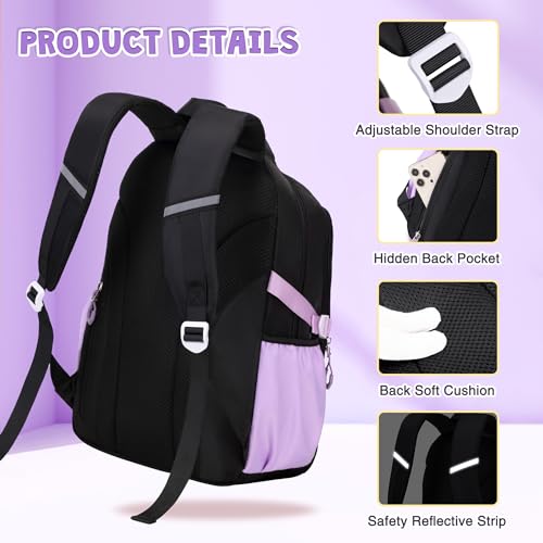 DIGOBAY 3PCS Girls Backpack for School, Kids Backpack for Girls with Lunch Box Pencil Case Set for Teen Girl Elementary Primary Middle High College School Bookbag with Cute Pins (Black-Purple) - color: Black-purple