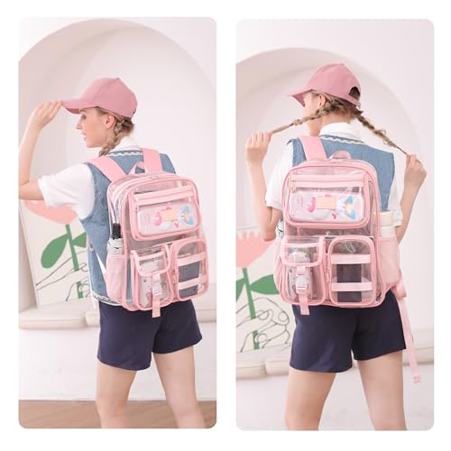 LXYGD Clear Backpack for School Stadium Approved Transparent Heavy Duty See Through College Bookbag Travel Work Daypack Security for Teens Girls Women Students (Pink) - color: Pink