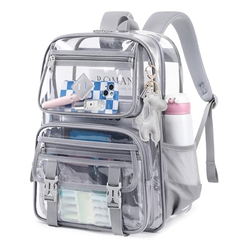 Sisipoet Clear Backpack for School, PVC Clear Bookbag Heavy Duty Transparent Backpack for Stadium Events See Through Bag - color: Grey