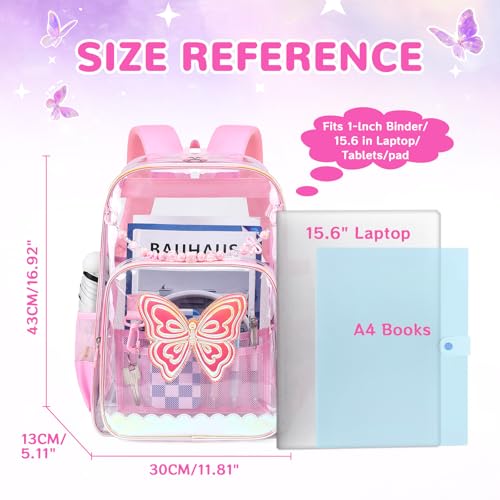 MUSEVOS Clear Backpack for School, Clear Bookbag for Girls PVC Heavy Duty Transparent Backpack,Pink Butterfly - color: Pink
