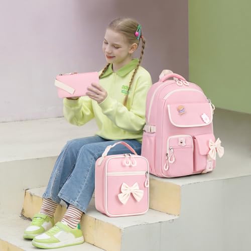 ACESAK Girls Backpack - 3PCS Backpack for Girls Cute School Backpacks for Girl Kindergarten Elementary Preschool Middle Kids School Bags with Lunch Box Pencil Case Set (Pink Beige) - color: Pink Beige