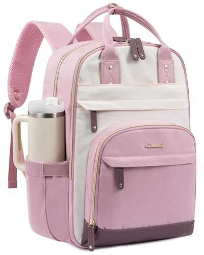 LOVEVOOK Laptop Backpack Women with Giant Tumbler Holder,15.6 inch Work Travel Backpack Computer Laptop Bag,Cute College Nurse Teacher Backpack Purse,Gifts for Women & Men,Pink-Off-white-Light pink - color: Pink-off-white-light Pink, size: 15.6-Cup
