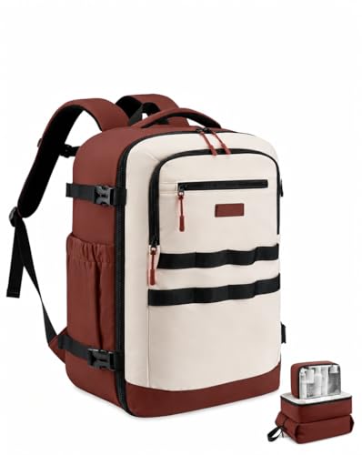 LOVEVOOK 40L Travel Backpack for Women & Men, TSA Approved Carry On Backpack with 3 Packing Cubes, Waterproof Personal Item Bag Fits 17" Laptop, Weekender Essentials Overnight Backpack for Trip - color: Brown & White, size: 40L-4PCS