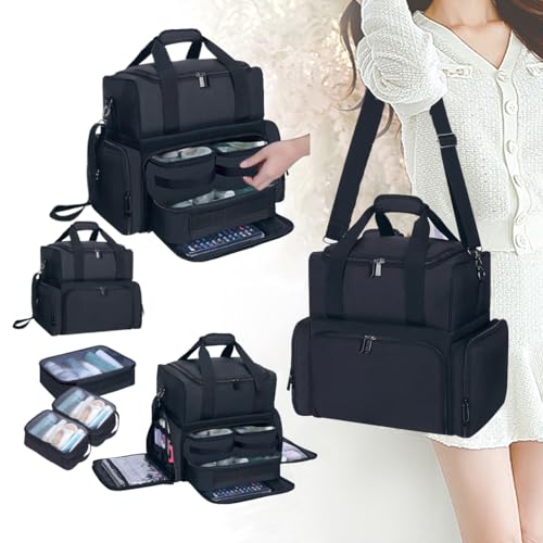 Large Makeup Cosmetic Bag with 3 Removable Case and 2 Removable Dividers Double Layer Travel Storage Organizer, Makeup Brushes Storage Section Black - color: Black