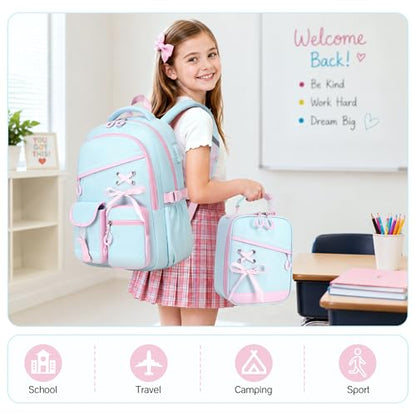 DIGOBAY Backpacks for Girls - 3PCS Girls Backpack with Lunch Box & Pencil Pouch School Backpacks for Elementary Middle High College School Bookbag for Teen Girl Kids Students Aquamarine-pink - color: Aquamarine-pink