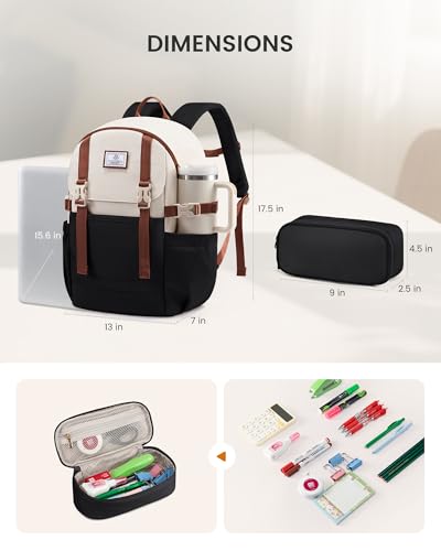 LOVEVOOK School Backpack for Teen Girls, Waterproof Travel College Bookbag for Middle High School with Large Cup Holder & Pencil Case, Fits 15.6'' Laptop, Cute Aesthetic Kids Student Backpack - color: Black Cream Brown