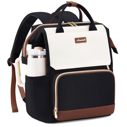 LOVEVOOK Laptop Backpack for Women with Giant Tumbler Holder Pocket, 15.6 inch Travel Work Backpack Purse for Nurse Teacher, Waterproof Bag College Bookbag Casual Daypack - color: Black White Brown, size: 15.6 inch
