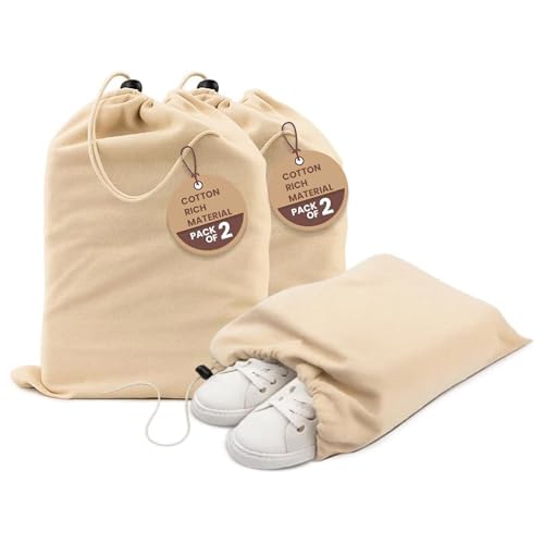 LFH Cotton Rich Shoe Storage Bags with Drawstring, Dustproof Breathable Reusable Organizer, Perfect For Travel, Dorm, Hotel, College, Gym, Easy to Carry, Machine Washable 12"x17" (Pack of 2) - Natural - color: Natural, size: 12"x17" (Pack of 2)