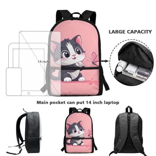 ZOUTAIRONG School Bags for Girls Boys 7-10/10-12/12-16, Insulated Water Bottle for Ho t& Cold Drinks, Pink Butterfly Cat Casual Backpack with Side Pockets - color: Pink Butterfly Cat