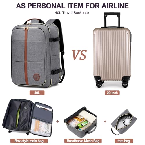 40L Travel Laptop Backpack for Women & Men, Airline Approved Carry On Luggage Overnight Bags, Waterproof Personal Item Bag, Weekender Essentials Backpacks Vacuum Backpack Gray - color: Gray