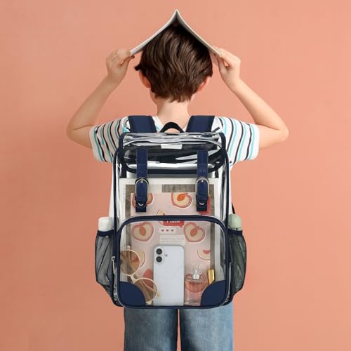 Fuyicat Clear Backpack Heavy Duty PVC Transparent Girls Kids School Backpacks Stadium Approved See Through College Bookbag for Women (Navy Blue) - color: Navy Blue