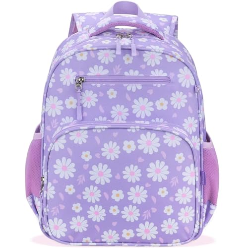 RHCPFOVR Kids Backpack for Girls - Girls Backpack 3-8 Ages Flower for Kids 15 Inch School Bookbag for Kindergarten Elementary School Bookbag for Girl 1st 2nd Grade - style: Purple Flower